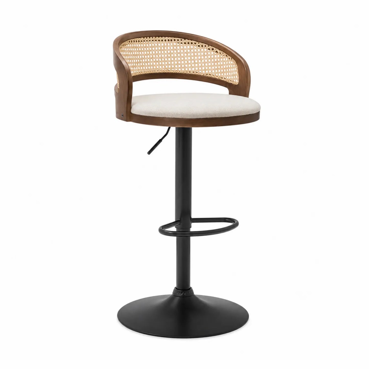 Barhocker mit Rattanrücken und Leinenpolsterung