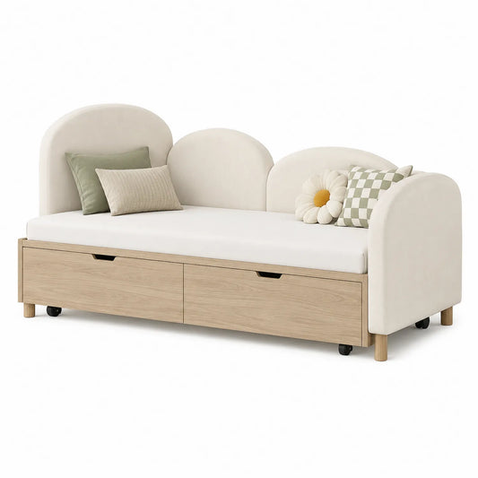 Holz-Tagesbett mit Stoffbezug und Aufbewahrung Beige