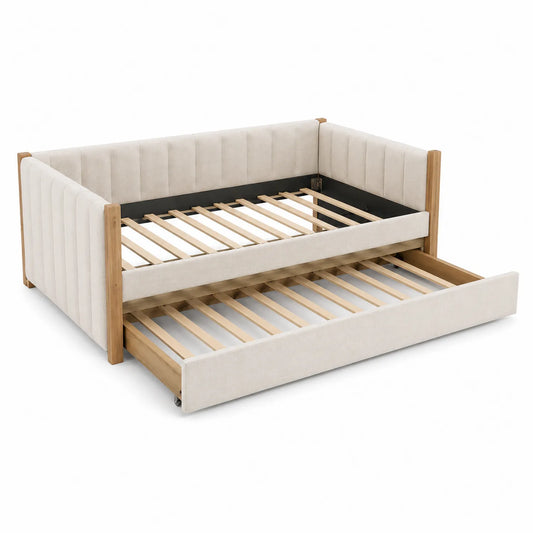 Holztagesbett mit Ausziehbett Leinen Beige 200x90 cm