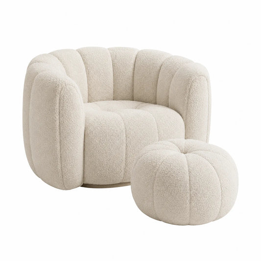Sessel und Hocker Set, Bouclé, Creme
