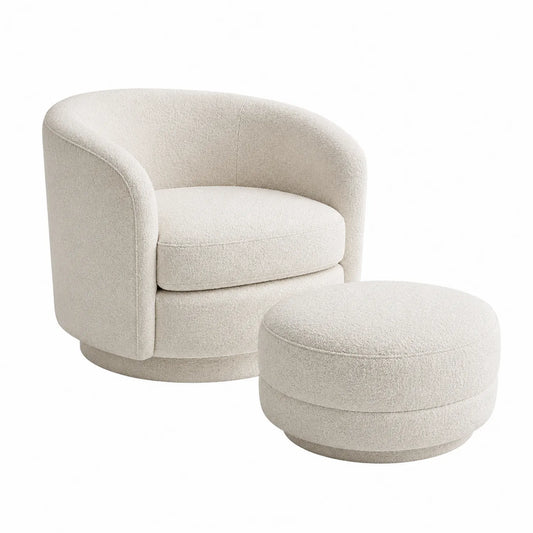 Runder Stuhl mit Hocker in Bouclé Creme