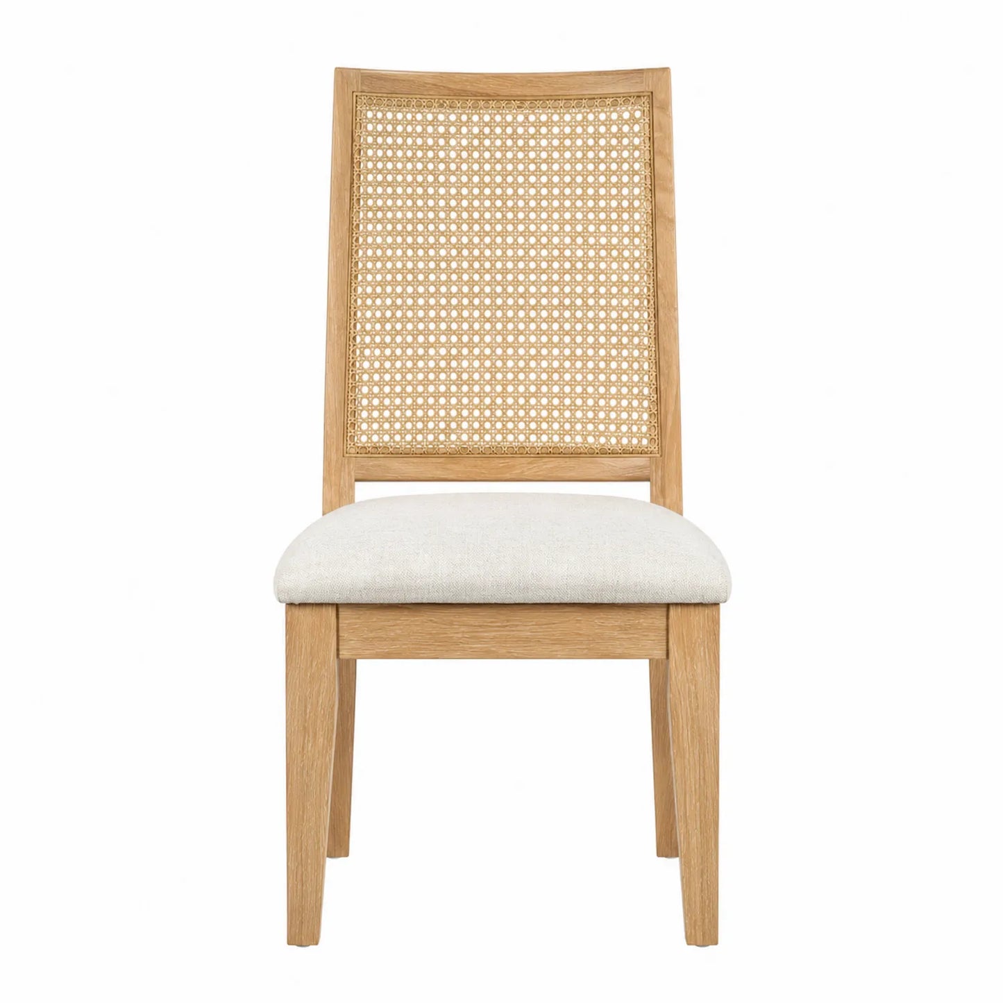 Stuhl aus Eichenholz mit Rattan-Rücken und gepolstertem Leinensitz Beige