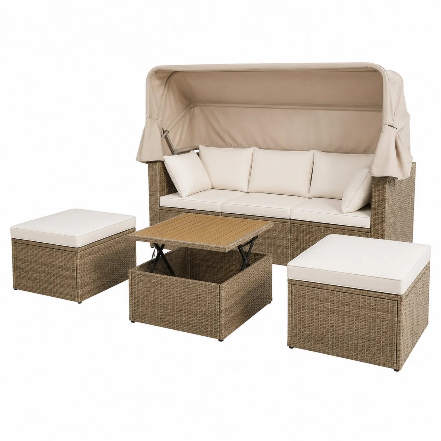 Terrassenmöbel Set aus Polyrattan mit Auflagen Creme und Hellbraun