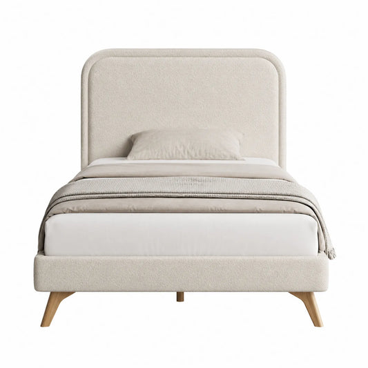 Bett aus Stoff Beige mit Holzfüßen