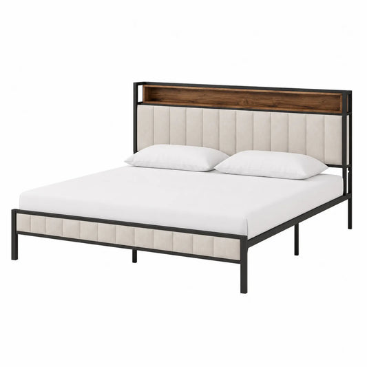 Metallbett mit Stoffbezug und Holzdetails 200x180 cm